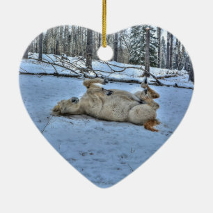 White Horse Rolling in Winter Snow Ceramic Ornament