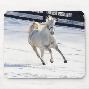 White Horse Running In Snow Mouse Pad