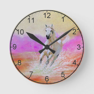 White horse running on a beach clock