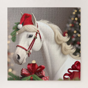 White Horse Santa Hat Christmas Scene For Holiday  Jigsaw Puzzle