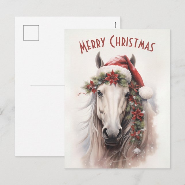 White Horse Santa Hat Red Poinsettias Christmas Holiday Postcard (Front/Back)