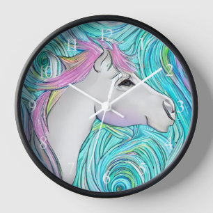White Horse Seamless Pastel Colored Pattern Clock