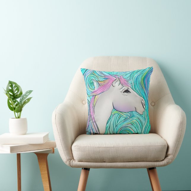 White Horse Seamless Pastel Coloured Pattern Throw Pillow (Chair)