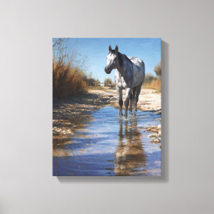 White Horse Shallow Stream Reflection Art Canvas Print