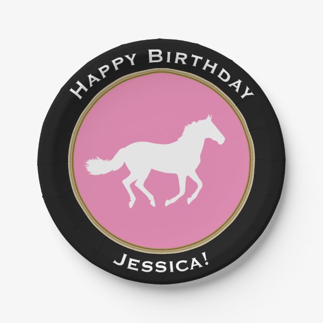 White Horse Silhouette Happy Birthday with Name Paper Plate (Front)