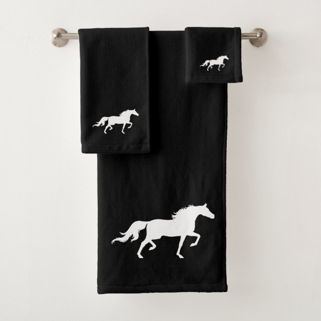 White Horse Silhouette on Black Bath Towel Set (Insitu)