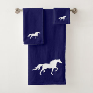 White Horse Silhouette on Navy Blue Bath Towel Set