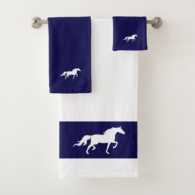 White Horse Silhouette on Navy Blue & White Bath Towel Set (Insitu)