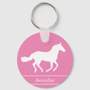White Horse Silhouette Pink Background with Name Keychain
