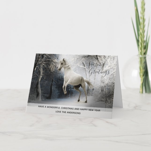 White Horse Snow Xmas Photo Personalized Holiday Card (Front)