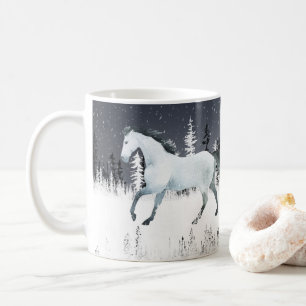 White Horse Snowy Night Eastern Pine Tree Forest Coffee Mug