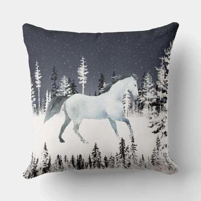 White Horse Snowy Night Eastern Pine Tree Forest Throw Pillow (Back)