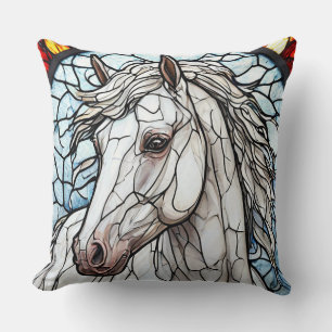 White Horse Stained Glass For Home Decor Throw Pillow