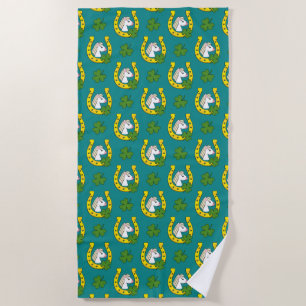 White Horse w Golden Horse Shoe, Shamrock Pattern Beach Towel