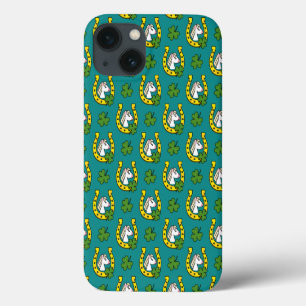 White Horse w Golden Horse Shoe, Shamrock Pattern iPhone 13 Case