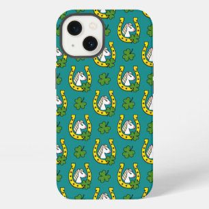 White Horse w Golden Horse Shoe, Shamrock Pattern iPhone 13 Case