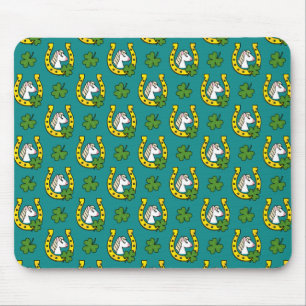 White Horse w Golden Horse Shoe, Shamrock Pattern Mouse Pad