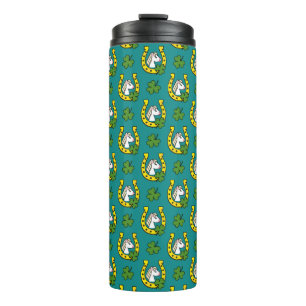 White Horse w Golden Horse Shoe, Shamrock Pattern Thermal Tumbler