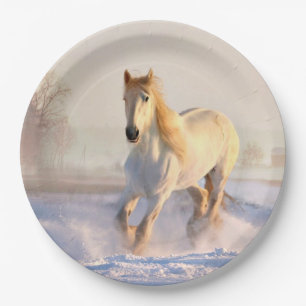 White Horse, White Snow Paper Plate