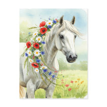 White Horse Wildflowers Watercolor Floral Postcard
