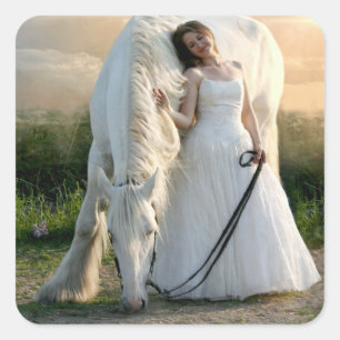 White Horse with Bride Square Sticker