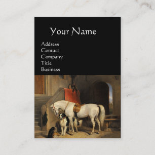 WHITE HORSE WITH DOGS AND FALCONS IN STABLE Green Business Card