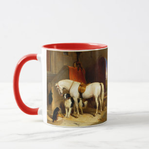 WHITE HORSE WITH DOGS AND FALCONS IN STABLE MUG