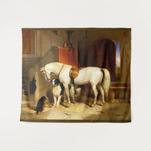 WHITE HORSE WITH DOGS AND FALCONS IN STABLE  TAPESTRY