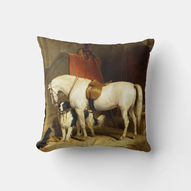 WHITE HORSE WITH DOGS AND FALCONS IN STABLE THROW PILLOW (Front)