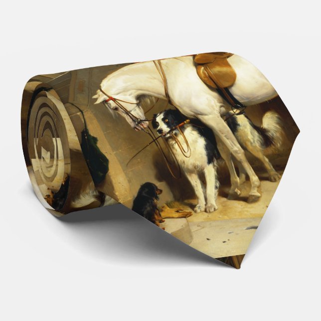 WHITE HORSE WITH DOGS AND FALCONS IN STABLE  TIE (Rolled)