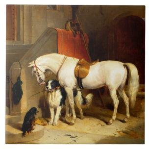 WHITE HORSE WITH DOGS AND FALCONS IN STABLE TILE