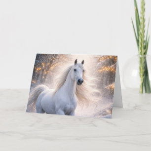 White Horse with Flowing Mane in Snow Christmas Holiday Card