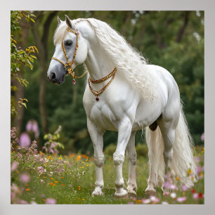 White Horse with Flowing Mane Poster