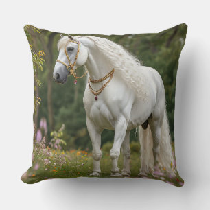 White Horse with Flowing Mane Throw Pillow
