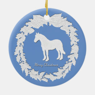 White Horse Wreath Personalize Colour Text Ceramic Ornament