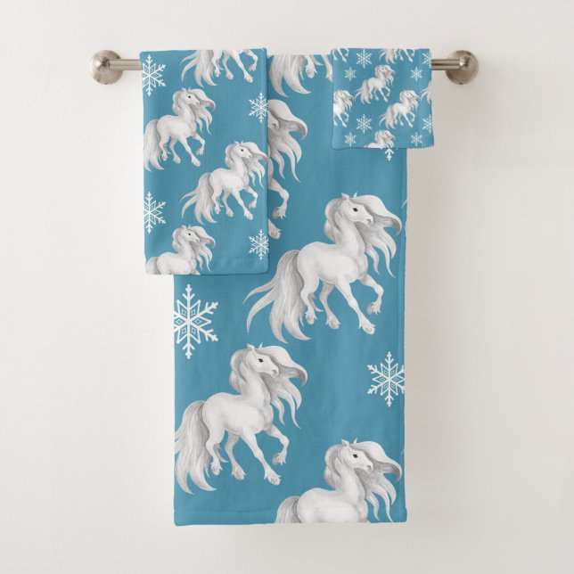 White Horses and Snowflakes Winter Pattern on Blue Bath Towel Set (Insitu)
