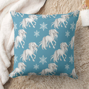 White Horses and Snowflakes Winter Pattern on Blue Throw Pillow
