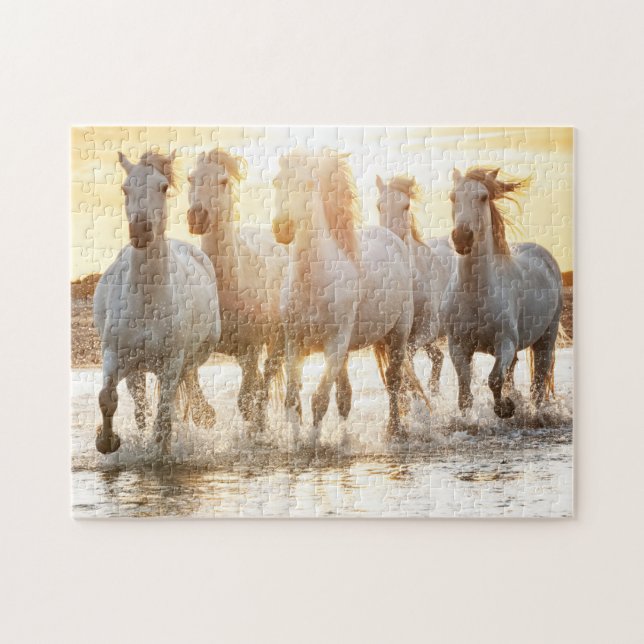 White Horses On Beach at Sunset Jigsaw Puzzle (Horizontal)