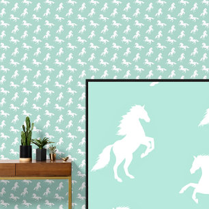 White Horses on Light Soft Green Wallpaper