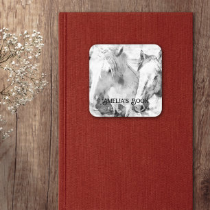 White Horses Personalized Bookplate Square Sticker