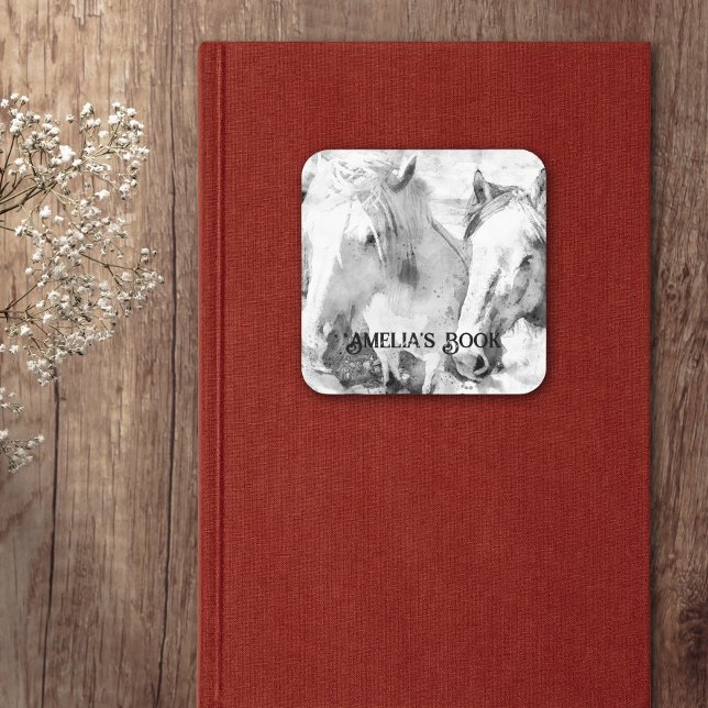 White Horses Personalized Bookplate Square Sticker (Creator Uploaded)