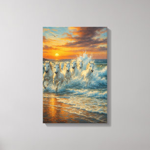 White Horses Running on Beach at Sunset Canvas Print