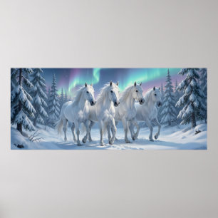 White Horses Under Aurora Borealis in Winter Fores Poster