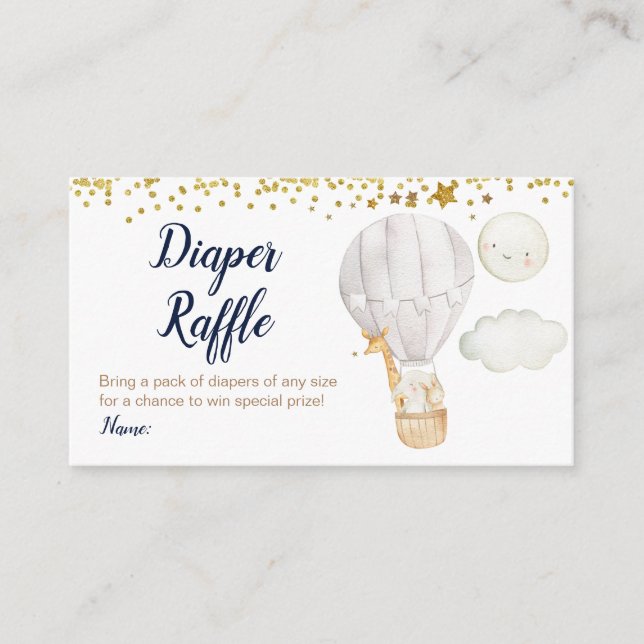 White Hot Air Balloon Animals Diaper Raffle Gold Enclosure Card (Front)