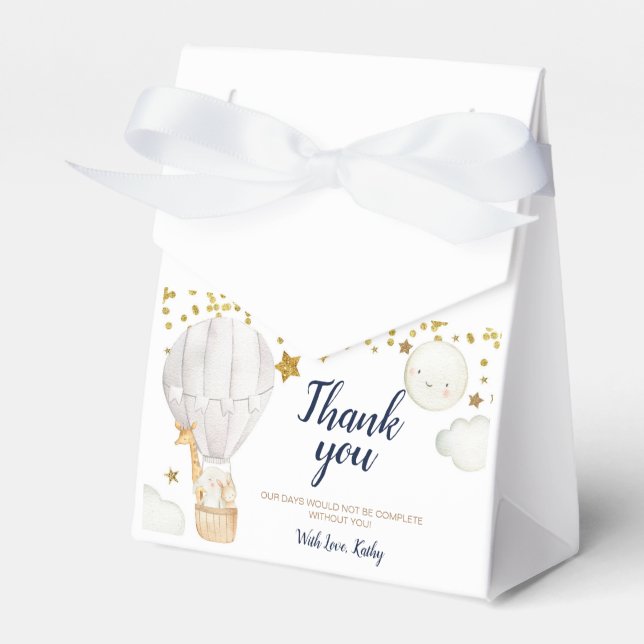 White Hot air balloon baby shower gold glitter Favor Box (Front Side)
