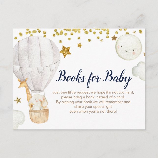 White Hot air balloon Books for baby Gold Glitter Invitation Postcard (Front)