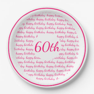 White Hot Pink 60th Happy Birthday Typography Paper Plate