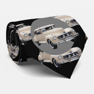 White Hotrod 1940s Car Pattern Tie