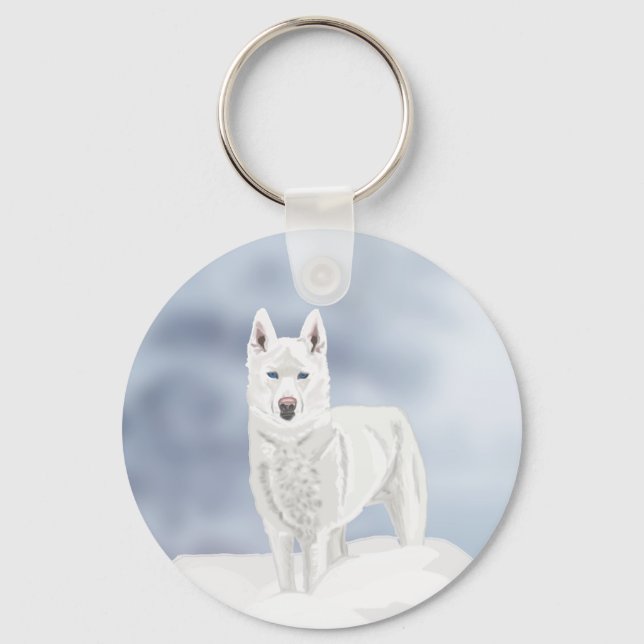 White Husky against Snow Scene Keychain (Front)