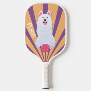 White Husky Dog Ball Illustration Pickleball Paddle